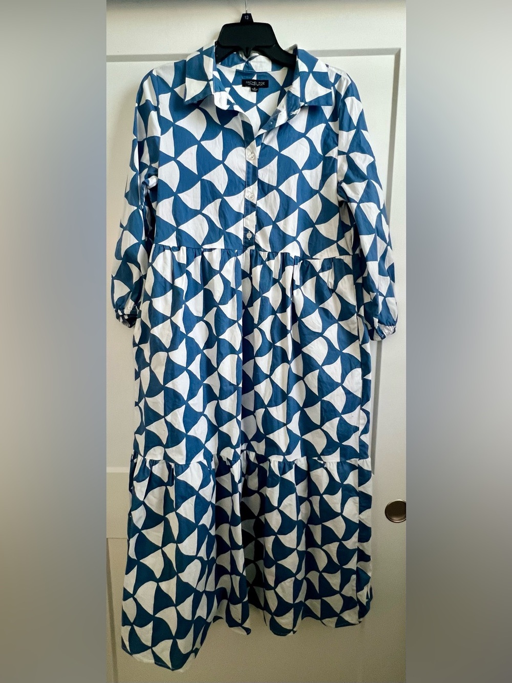 Rachel Zoe Blue White Geometric Print Tiered Shirt Midi Dress Cotton M - Picture 4 of 7